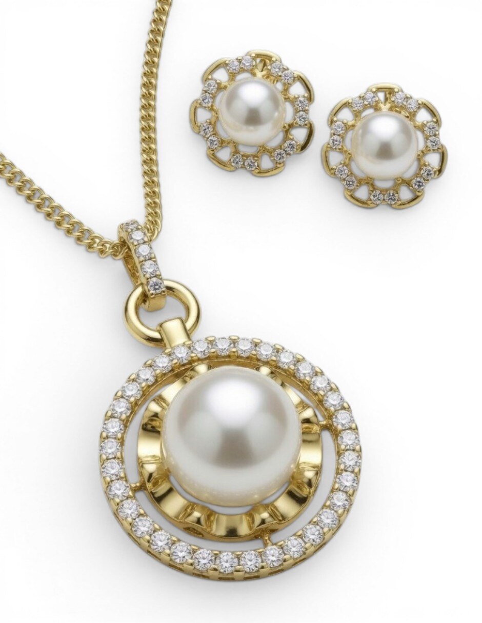 Aretes y collar de flor joyería para mujer de Oro laminado 14 k zirconia cúbica
