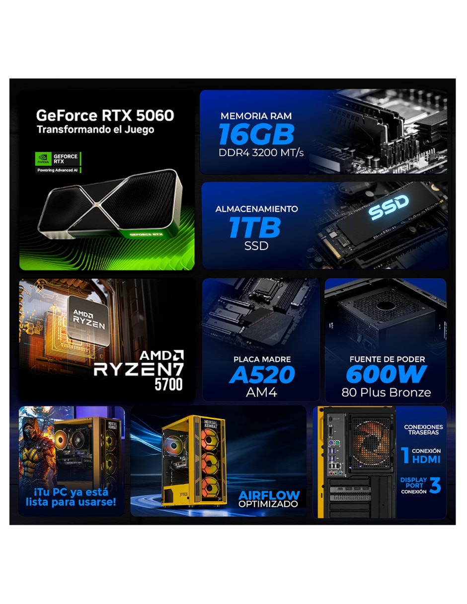 Computadora gamer XTPCR716GB5060MK AMD Ryzen 7 NVIDIA GeForce RTX 5060 16 GB RAM 1 TB SSD 8