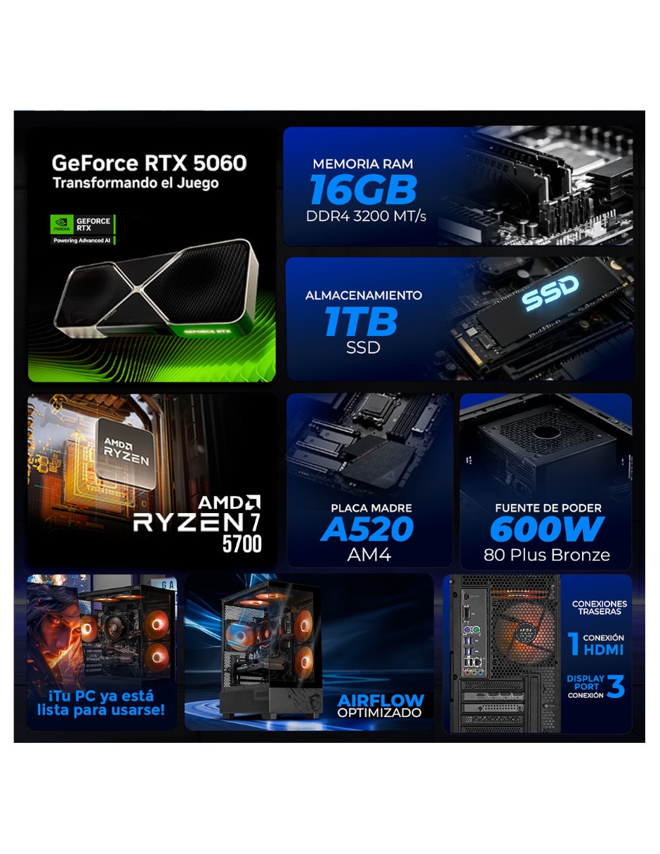 Computadora Gamer XTMSIR716GB5060MPPB 27 pulgadas Full HD AMD Ryzen 7 NVIDIA GeForce RTX 5060 16 GB RAM 1 TB SSD 9