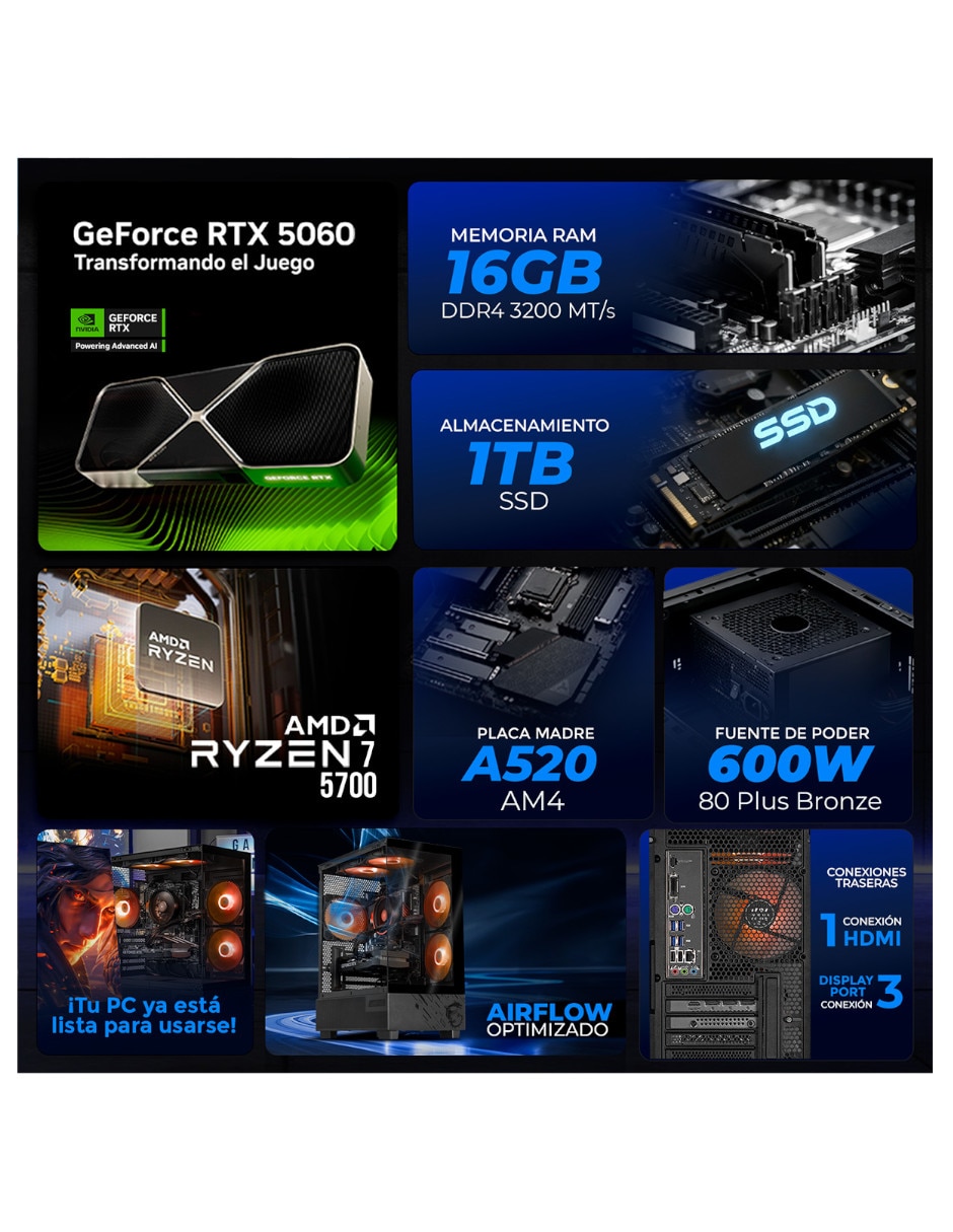 Computadora Gamer XTMSIR716GB5060PPB AMD Ryzen 7 NVIDIA GeForce RTX 5060 16 GB RAM 1 TB SSD 9