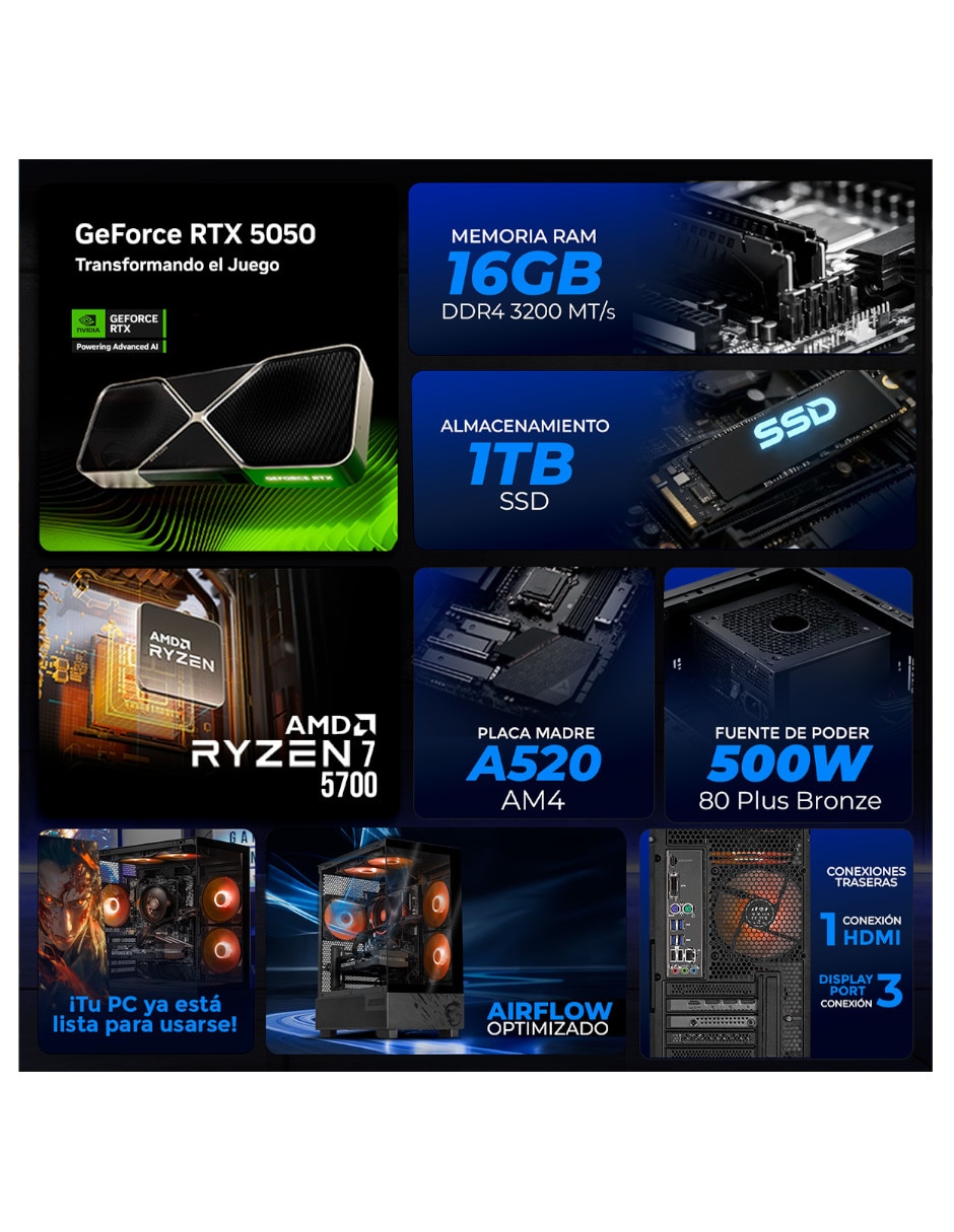 Computadora Gamer Xtreme PC Gaming XTMSIR716GB5050MPPB 23.8 pulgadas Full HD AMD Ryzen 7 NVIDIA GeForce RTX 5050 16 GB RAM 1 TB SSD