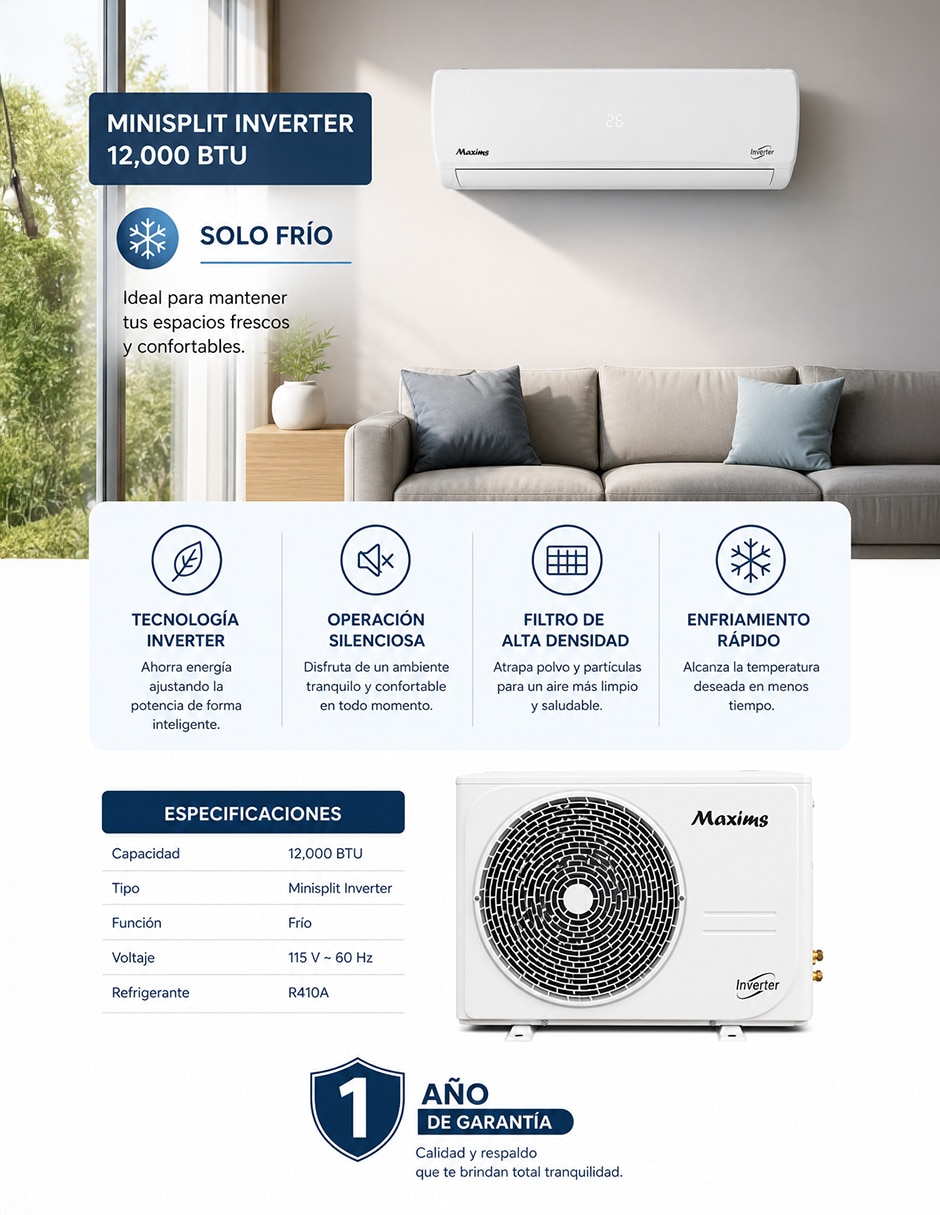 Aire acondicionado mini split inverter Maxims Frío 12000 Btu 115 V