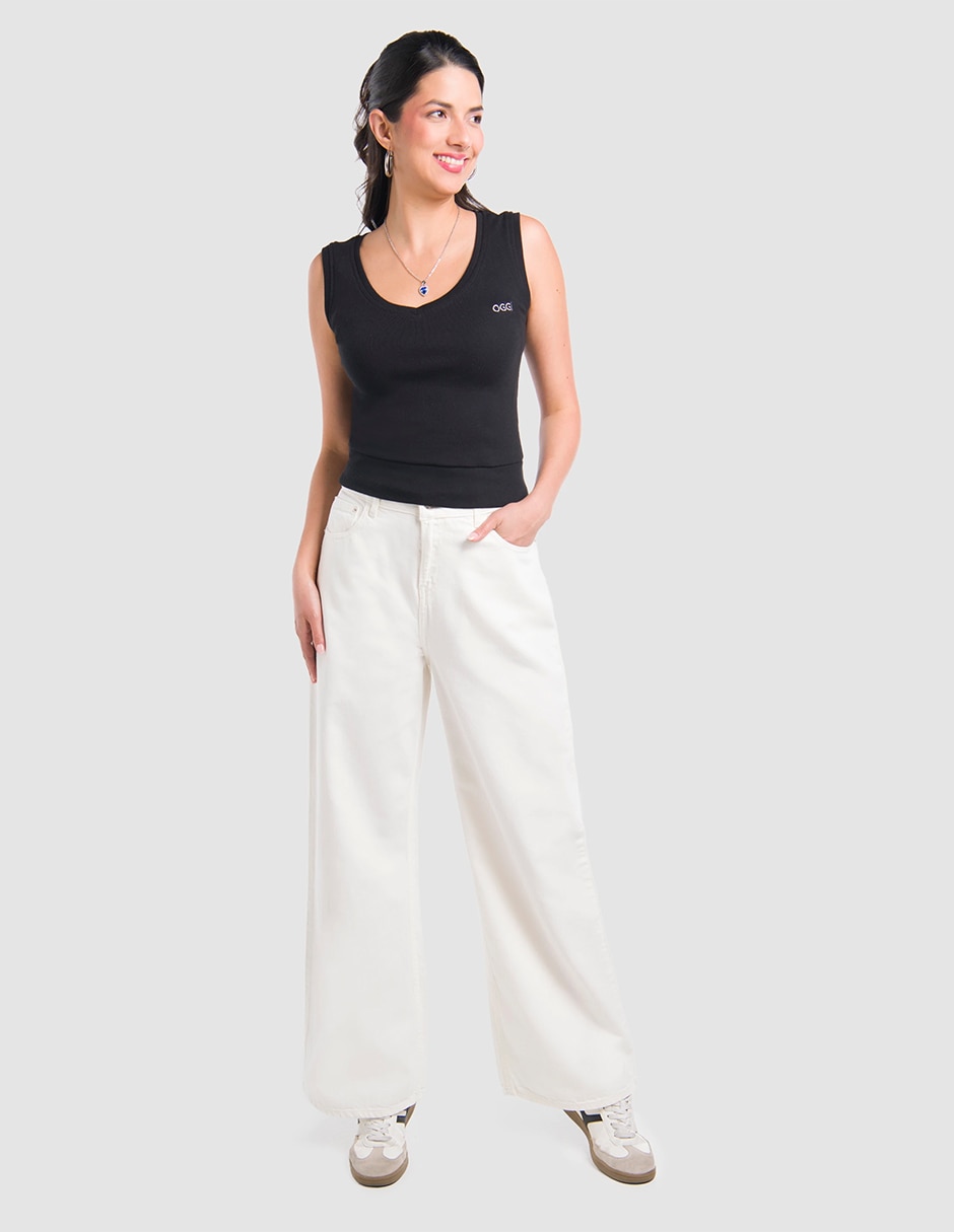 Jeans wide leg Oggi Jeans Amplio Beige Natural corte media cintura para mujer