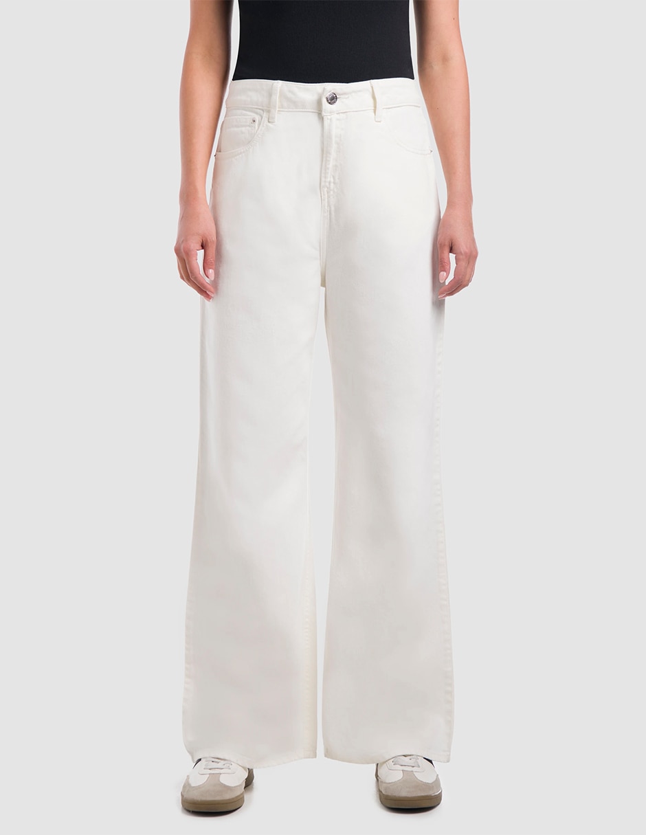 Jeans wide leg Amplio Beige Natural corte media cintura para mujer