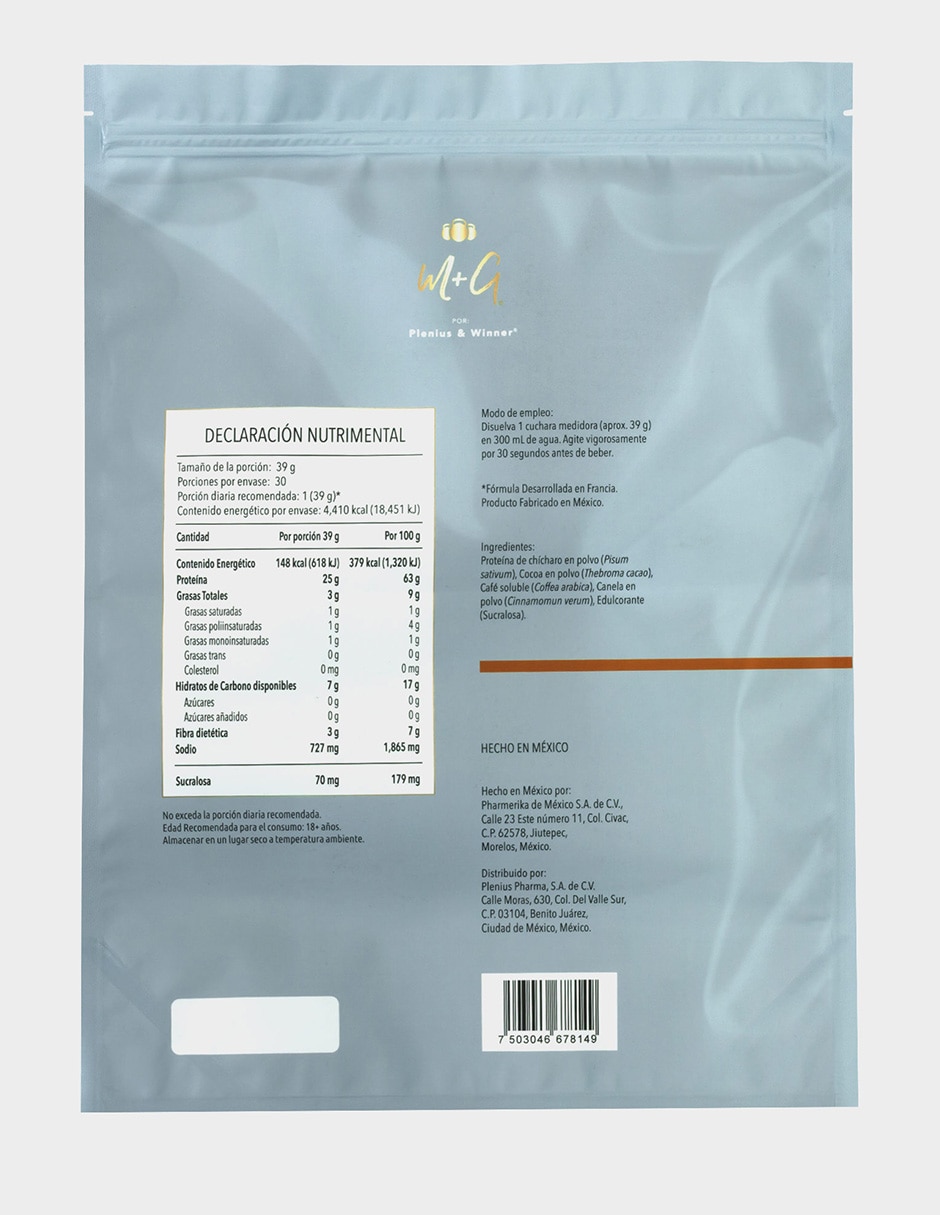 Proteina Vegetal Plenius&Winner con Proteína de chícharo sabor moka de 1.17 Kg