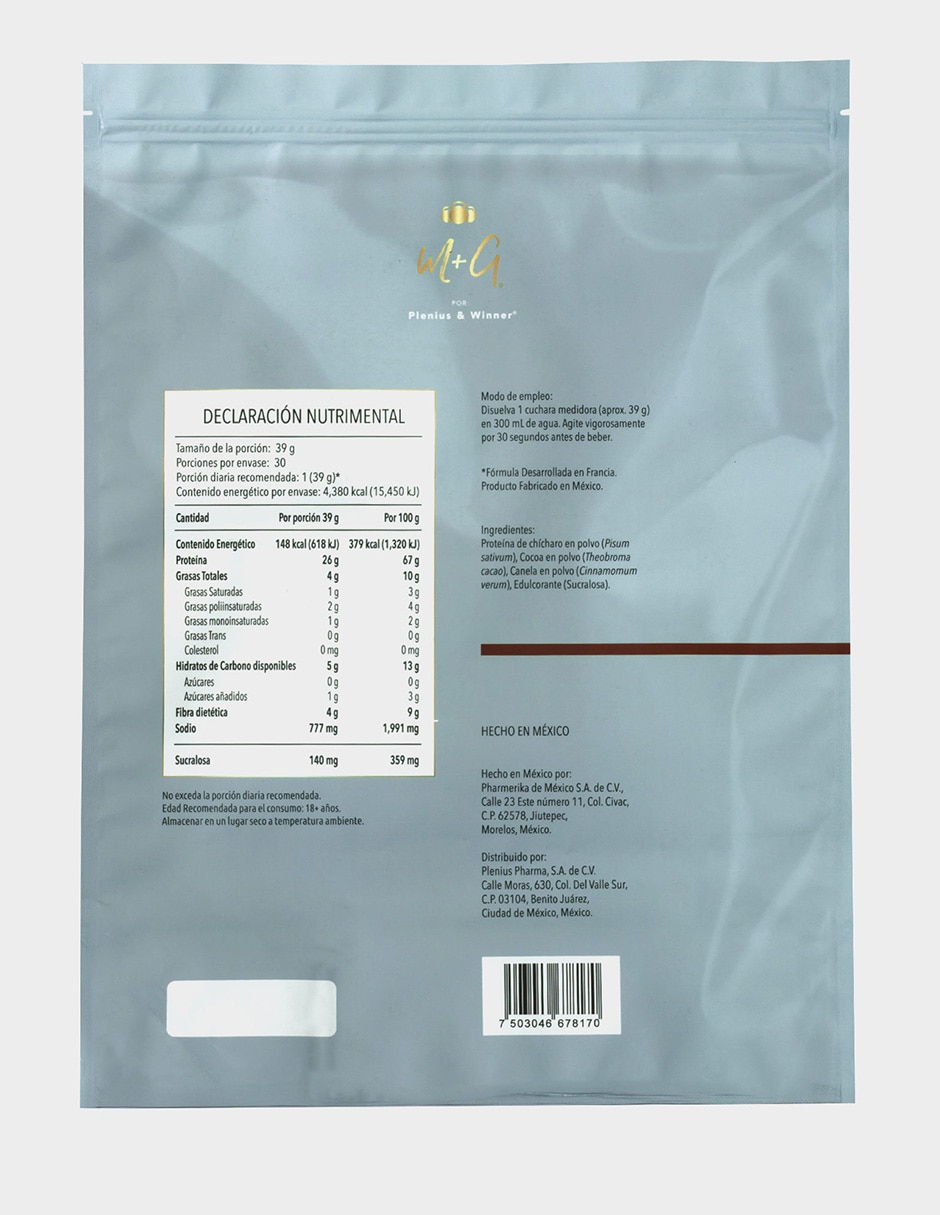 Proteina Vegetal Plenius&Winner con Proteína de chícharo sabor chocolate Mexicano de 1.17 Kg