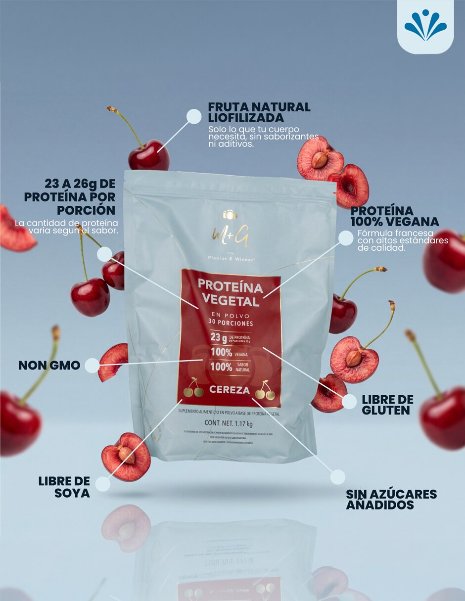 Proteina vegetal sabor cereza Plenius&Winner con proteína de chícharo sabor cereza