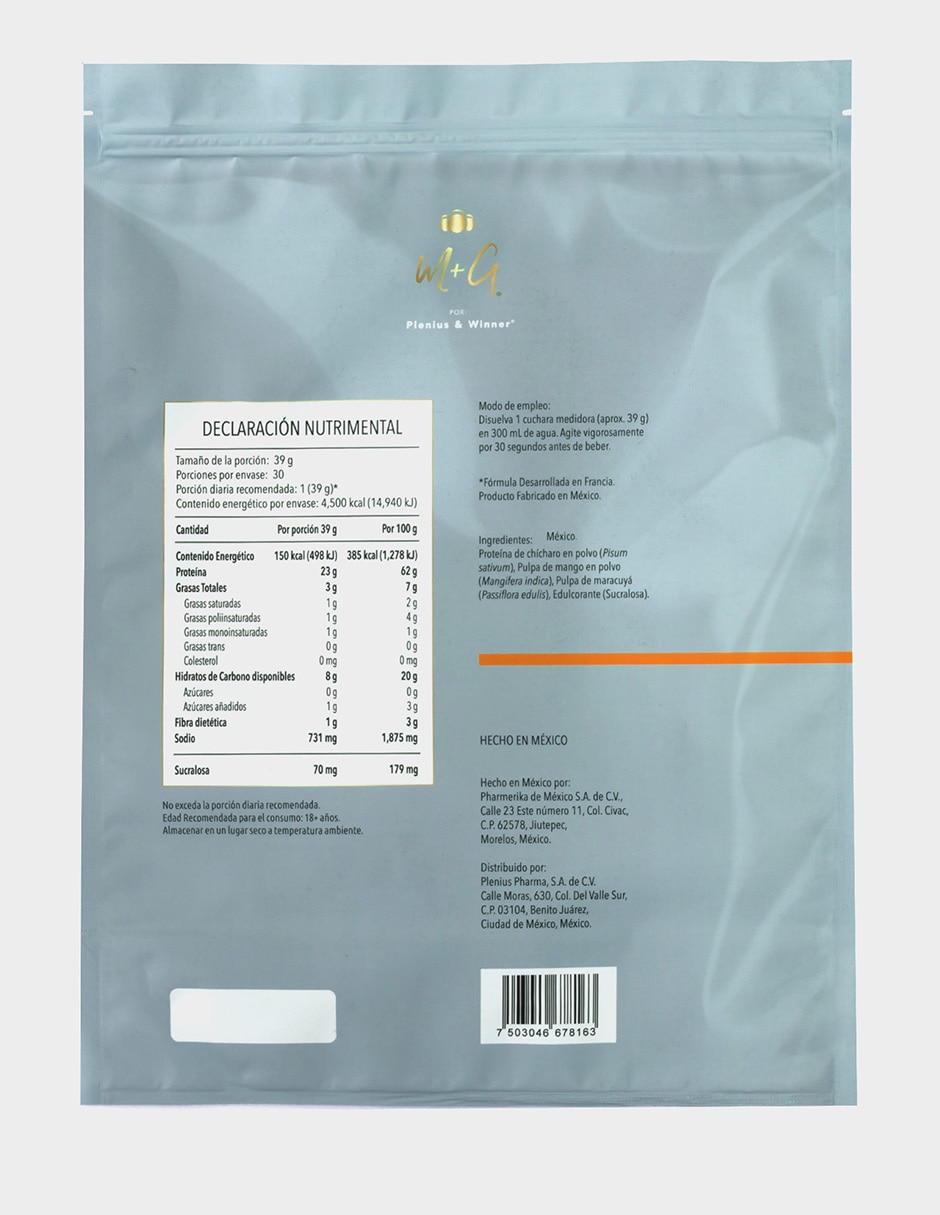 Proteina Vegetal Plenius&Winner con Proteína de chícharo sabor Mango maracuya de 1.17 kg