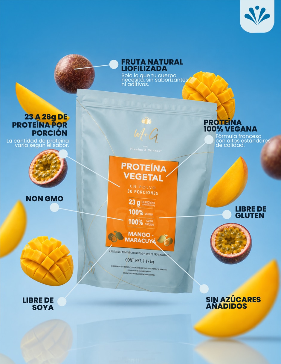 Proteina Vegetal Plenius&Winner con Proteína de chícharo sabor Mango maracuya de 1.17 kg