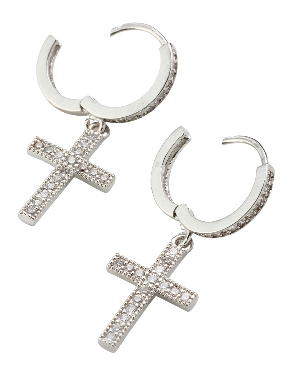 Aretes huggies cruz yoiko devoción de aleación metálica con acabado baño de rodio zirconia