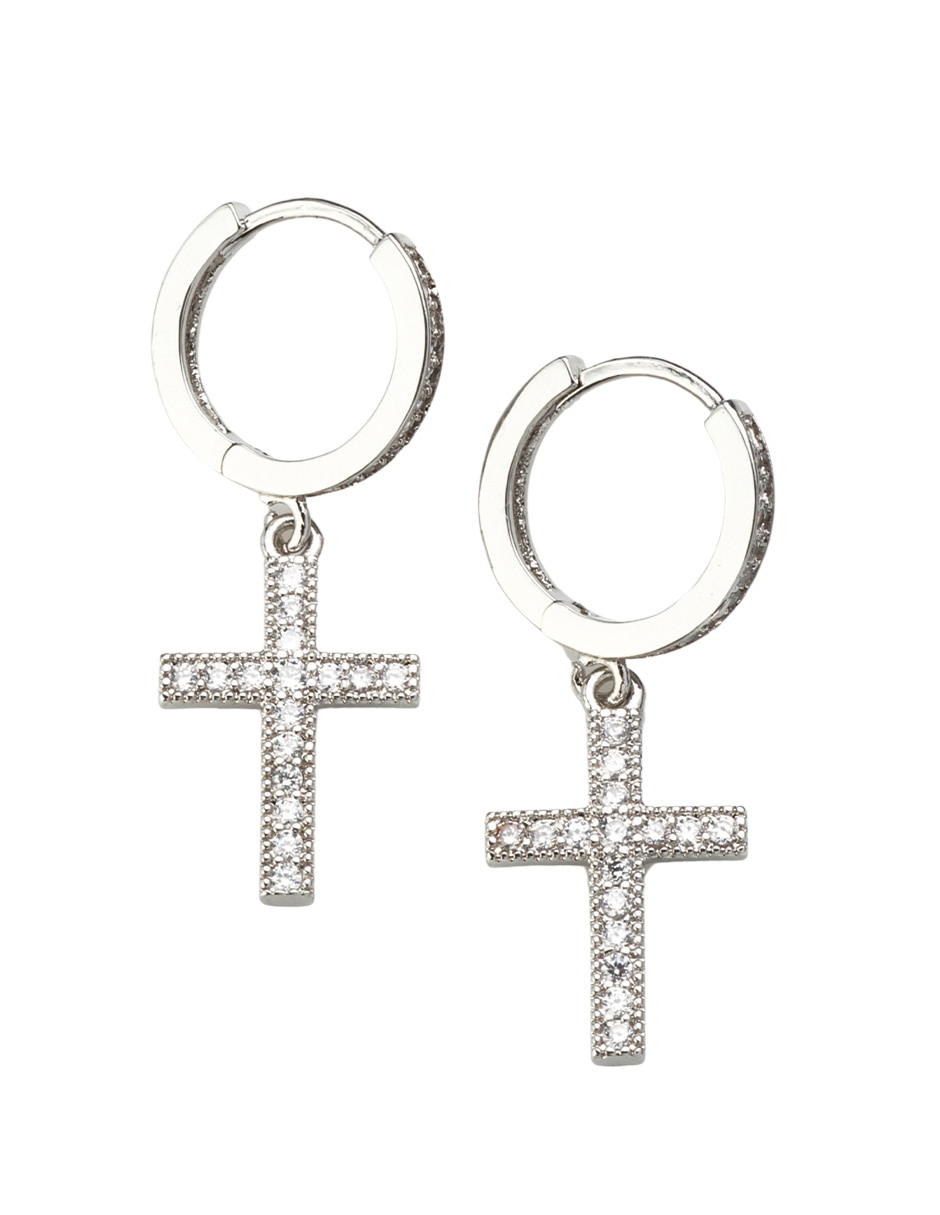 Aretes huggies cruz yoiko devoción de aleación metálica con acabado baño de rodio zirconia