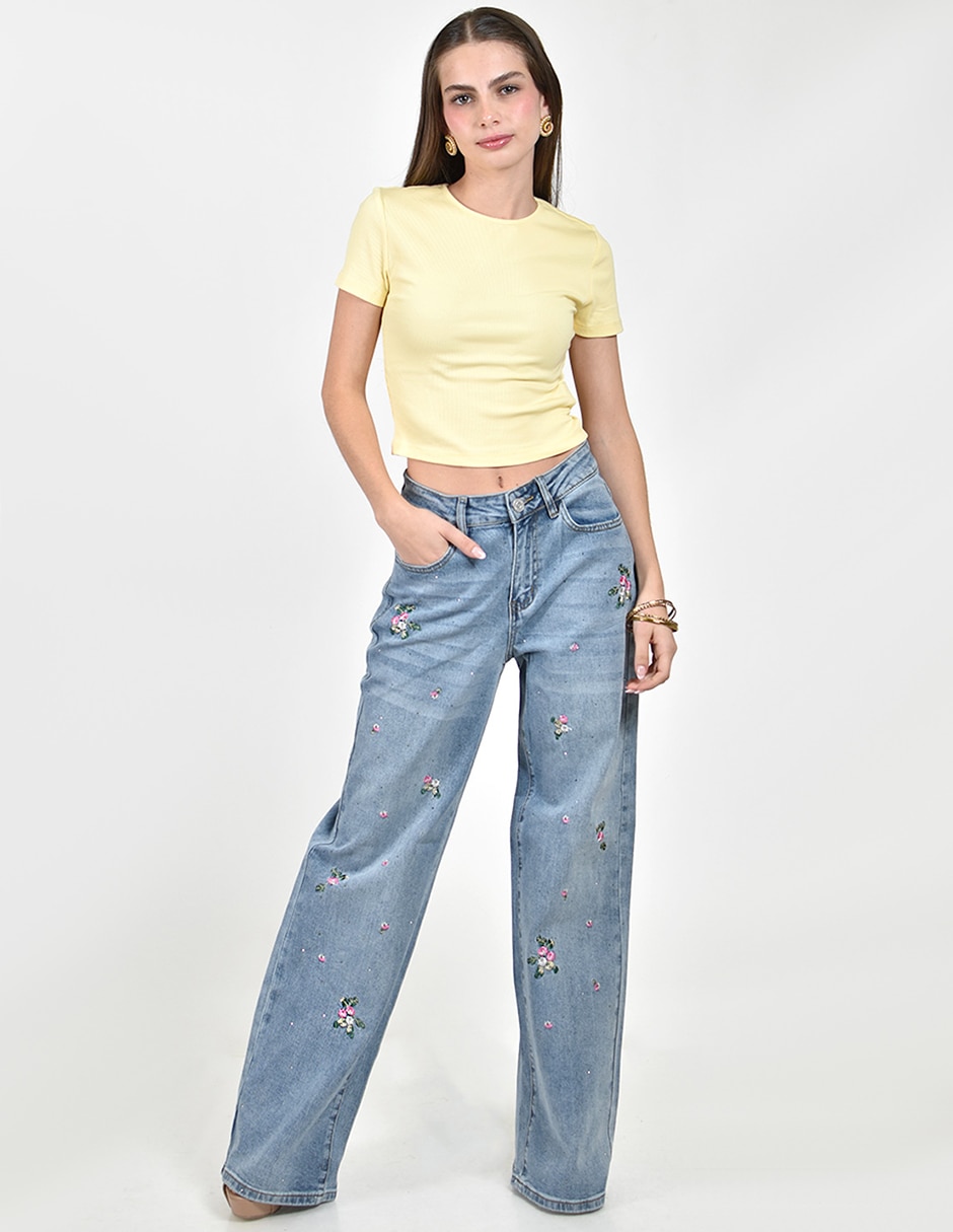 Jeans regular wide leg j-dx-568-denim corte cintura alta para mujer 6