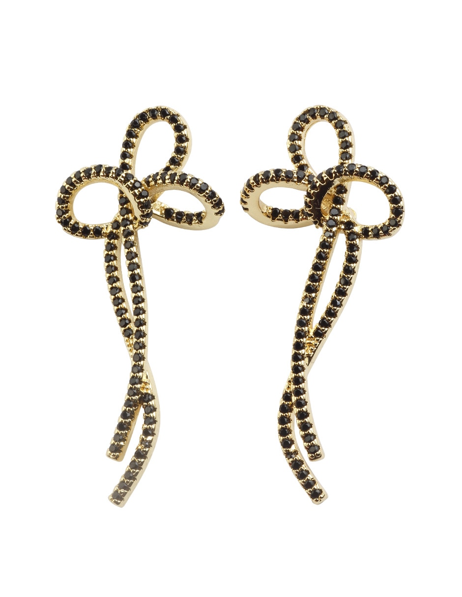 Aretes largos de nudo yoiko noir golden con acabado baño de oro zirconia