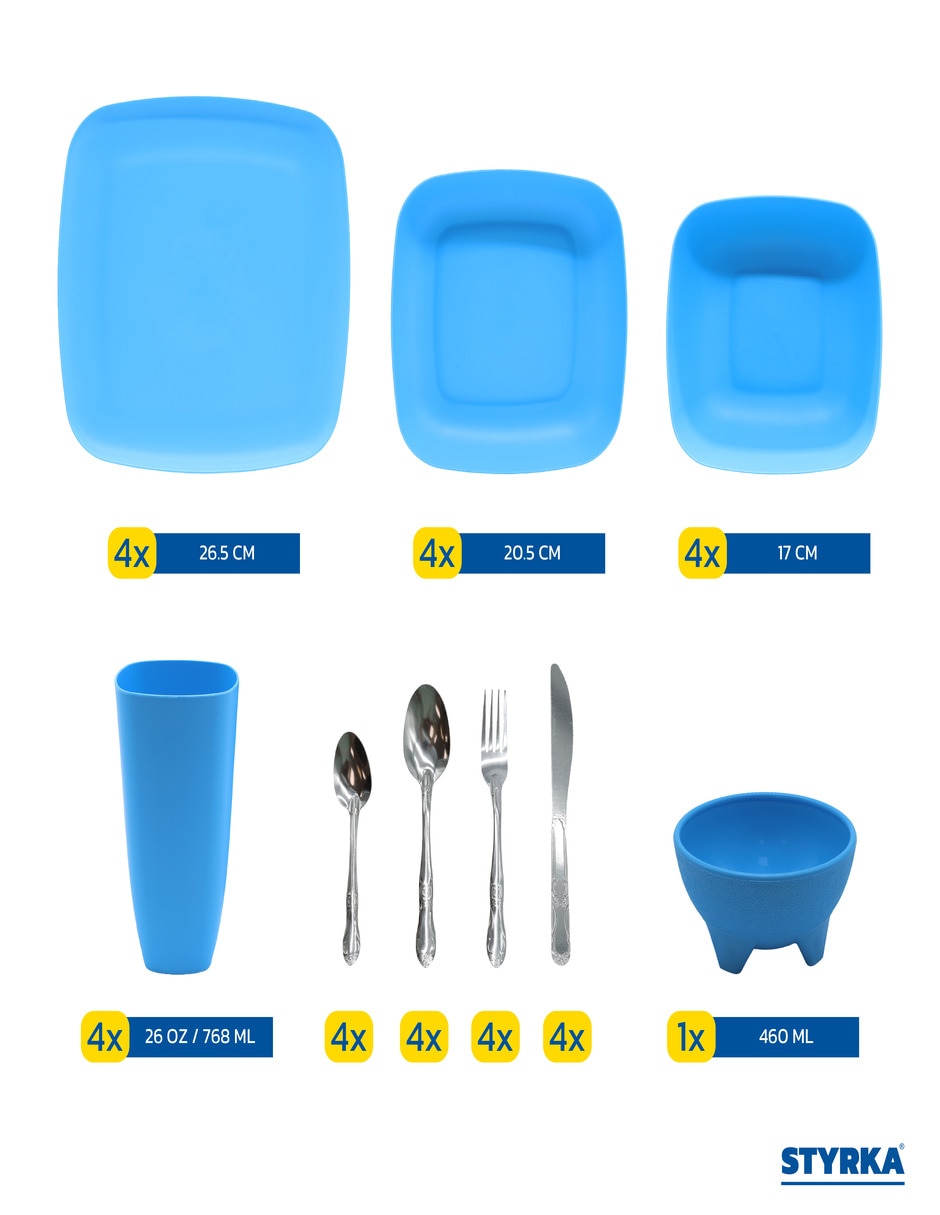 Vajilla styrka de plástico para 4 personas