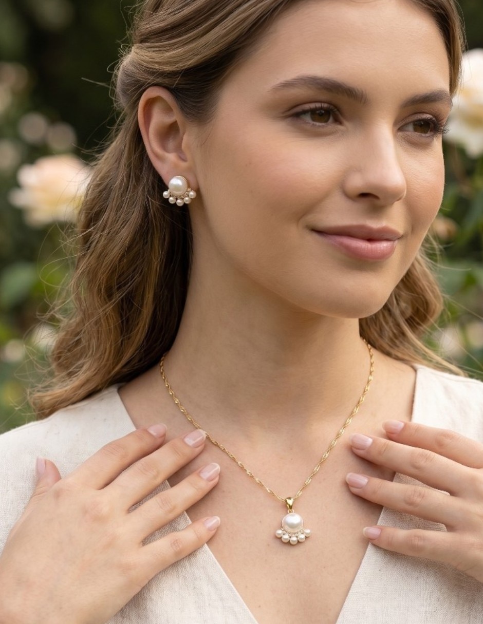 Aretes y collar flor cm-top conjunto de joyería elegante de oro laminado 14 k zirconia cúbica