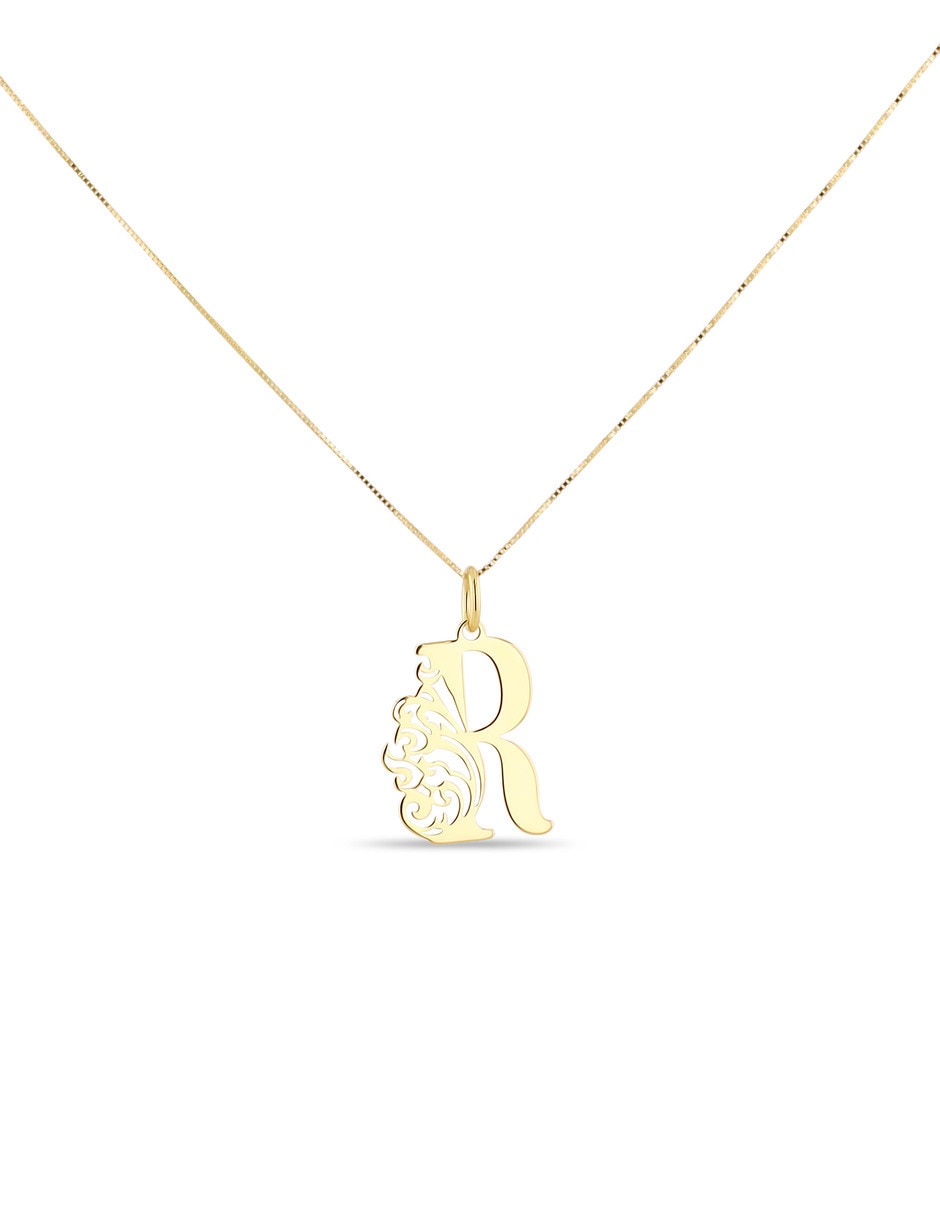 Collar con dije de letra R Joyerias Bizzarro de oro amarillo 14 k