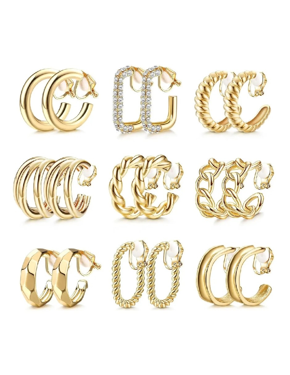 Set de aretes diferentes diseños joyería fina de oro laminado 18 k con acabado chapa de oro