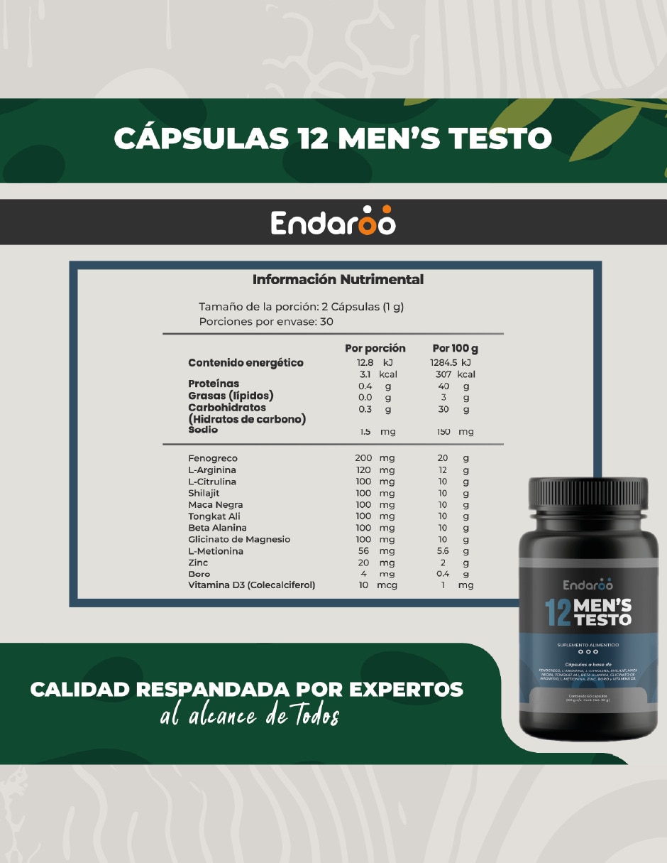 Antioxidante Testo Mens Testosterona con 12 Ingredientes 60 Cápsuslas 6