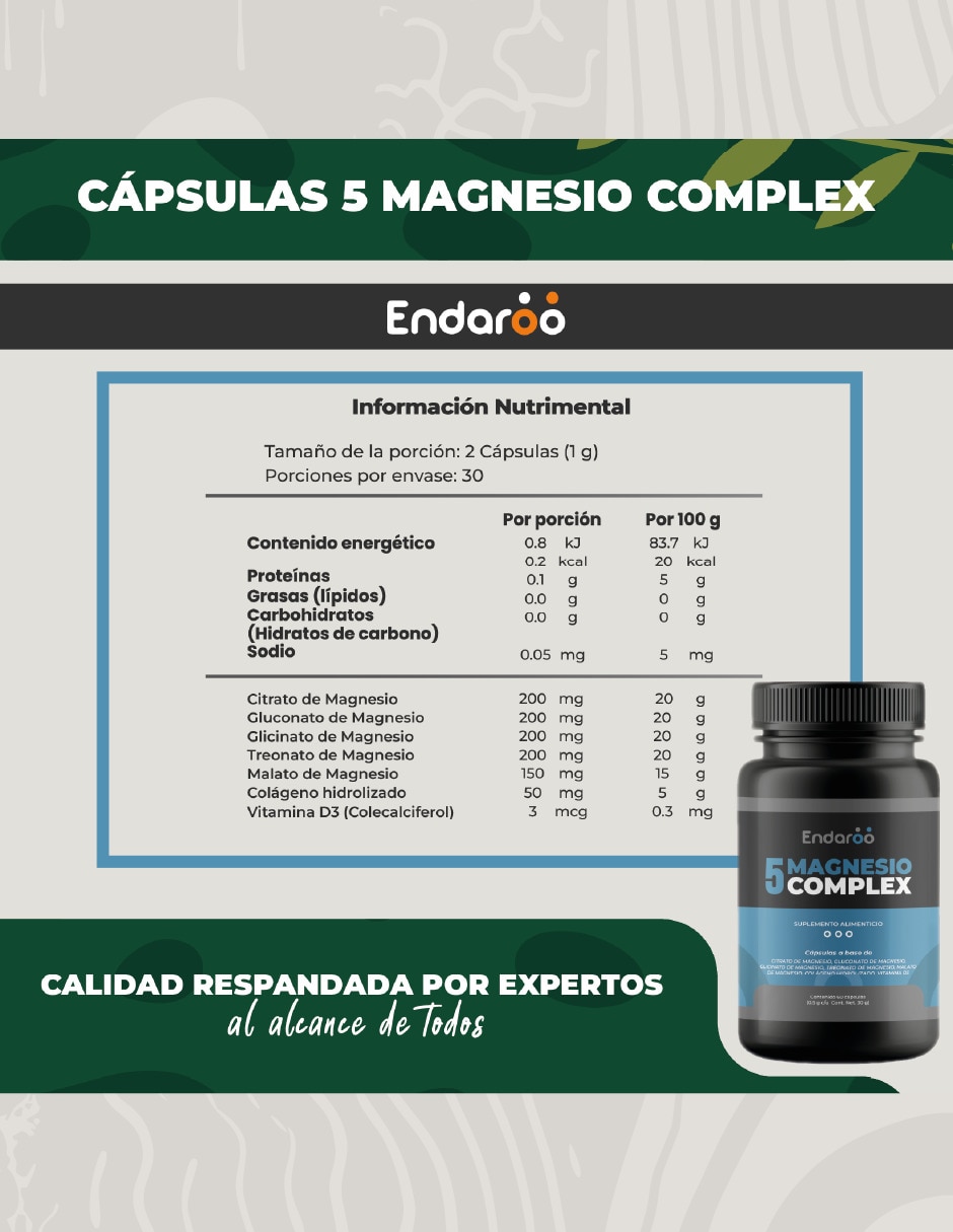 Suplemento alimenticio 5 Magnesios citrato treonato malato glicinato 60 Cáps 6