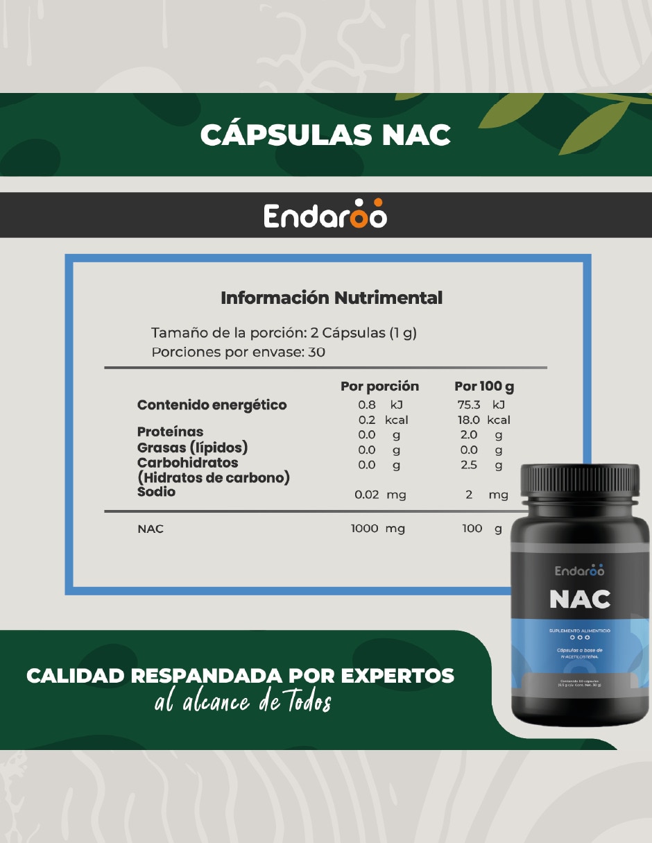 Nac N-acetilcisteína 60 Cápsulas 1000 mg por porción sabor natural 6