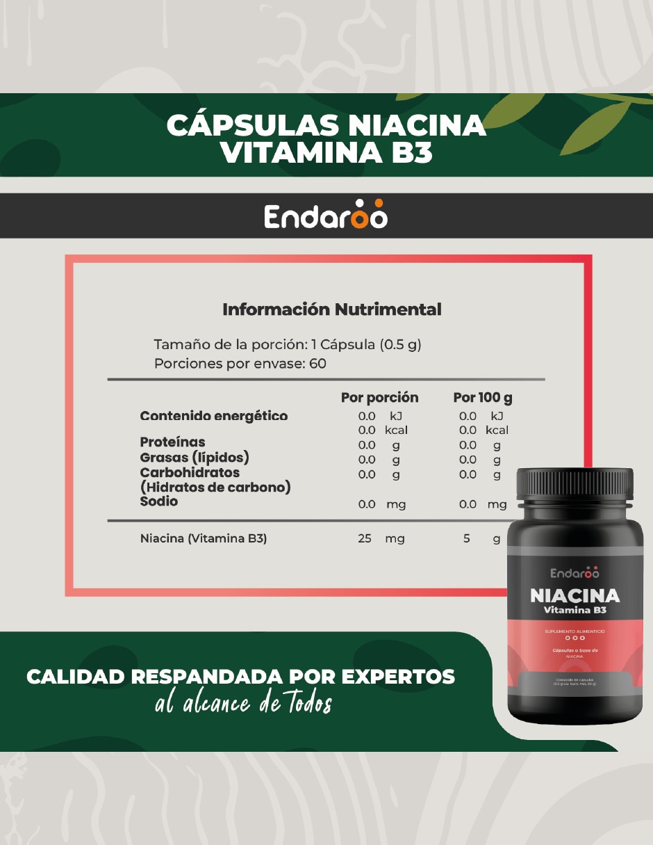 Niacina Vitamina B3 Premium 60 Cápsulas sabor natural 2