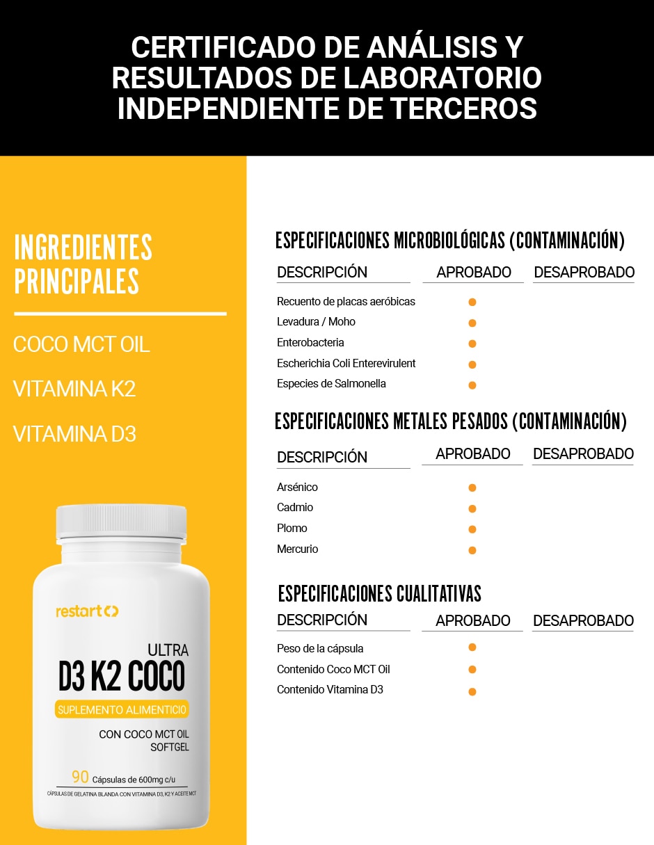 Vitamina D3 K2 y Aceite de Coco Restart de 90 cápsulas