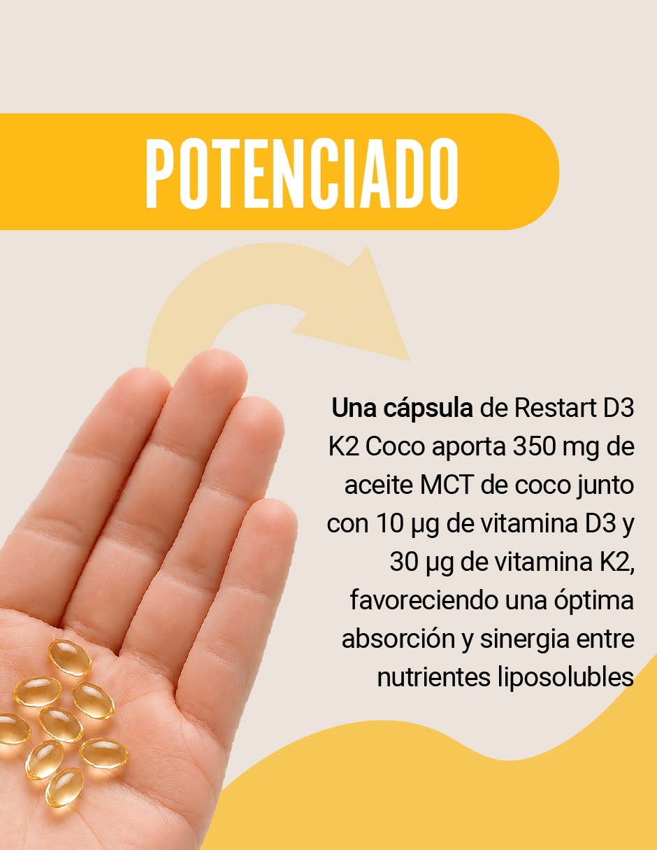 Vitamina D3 K2 y Aceite de Coco Restart de 90 cápsulas