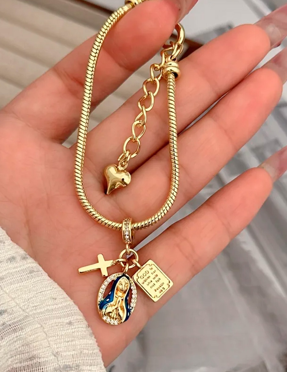 Pulsera y brazalete nira de oro laminado 18 k religion con acabado