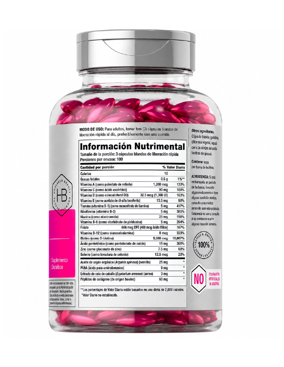 Hair Skin Nails con Aceite de Argán Coco Colágeno y Biotina 300 Softgels Vitamina E, Vitamina B5, Vitamina D3, Zinc, Vitamina C y Vitamina A 2