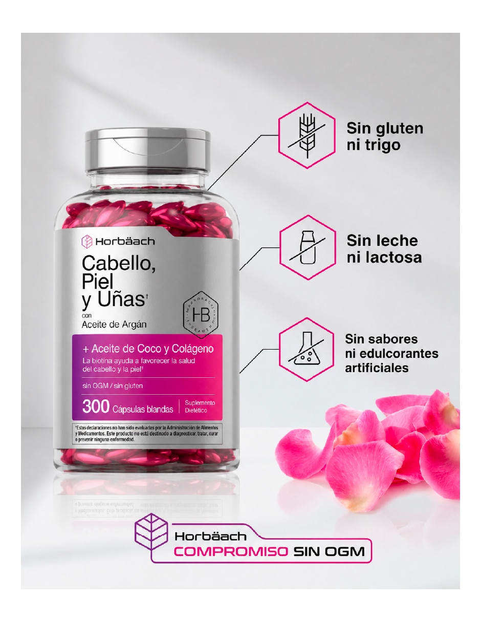 Hair Skin Nails con Aceite de Argán Coco Colágeno y Biotina 300 Softgels Vitamina E, Vitamina B5, Vitamina D3, Zinc, Vitamina C y Vitamina A 5