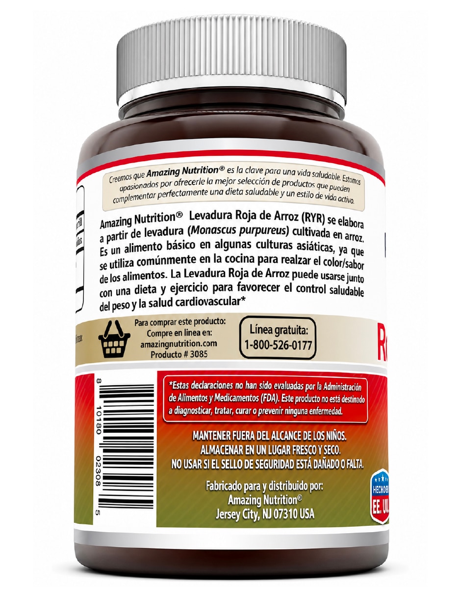 Suplemento de arroz de levadura roja Amazing Nutrition de 120 cápsulas