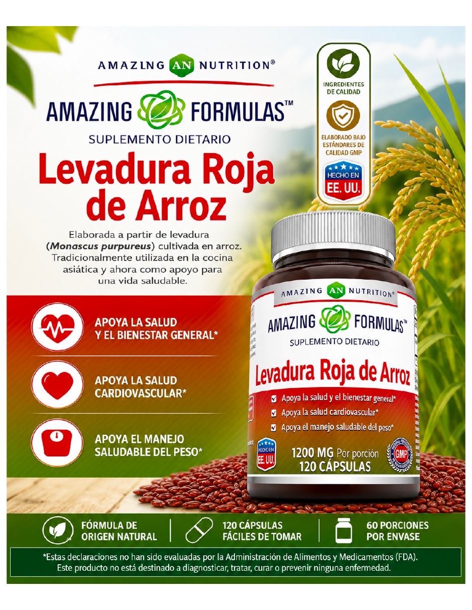 Suplemento de arroz de levadura roja Amazing Nutrition de 120 cápsulas