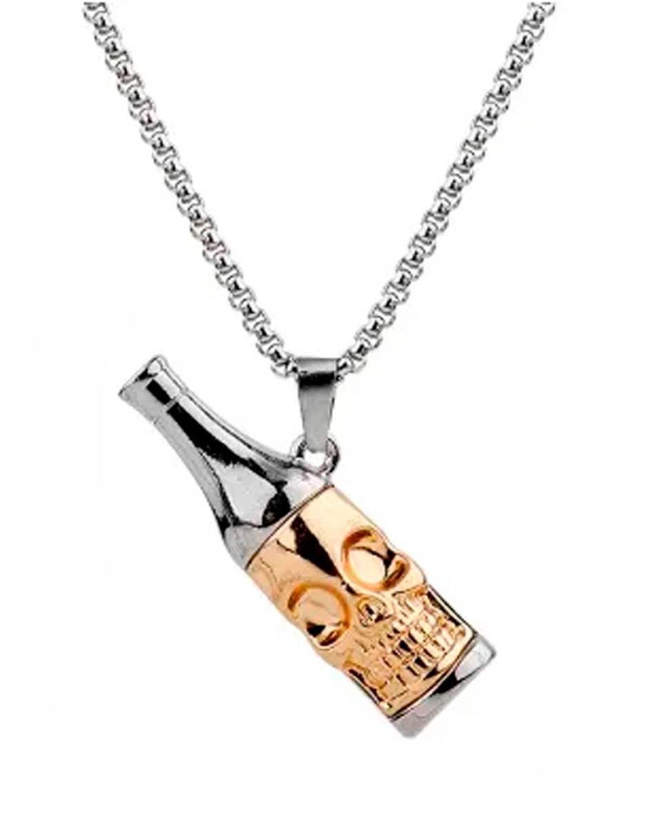 Collar con dije botella calaveras de acero inoxidable