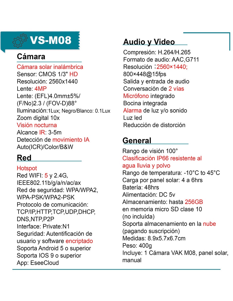 Camara solar de seguridad vak modelo vs-m08 inalámbrica qhd 103¡ con capacidad para grabar con visión nocturna para exterior