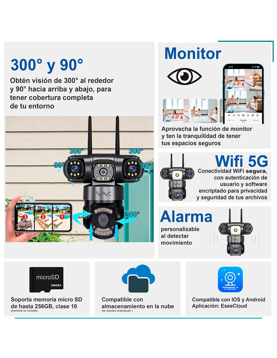 Camara individual de seguridad modelo VS-3L5 alámbrica 4K/UHD 90° con capacidad para grabar con visión nocturna para interior y exterior 5
