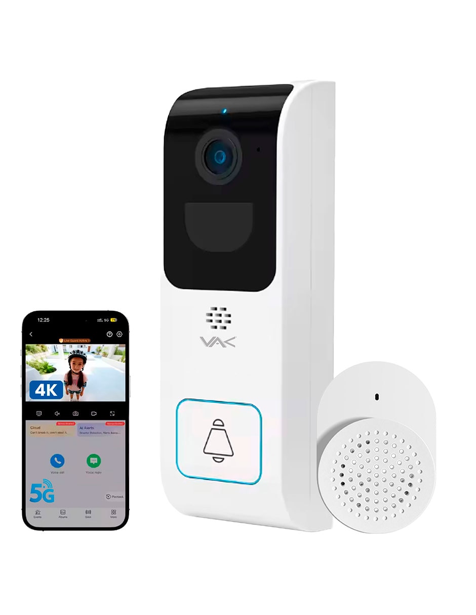 Cámara con timbre de seguridad Vak alámbrica 4K/UHD 90° con visión nocturna para interior y exterior