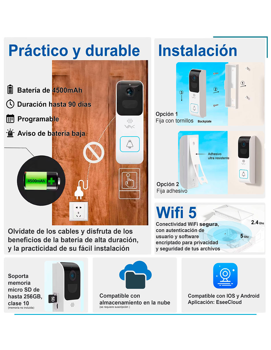 Cámara con timbre de seguridad Vak alámbrica 4K/UHD 90° con visión nocturna para interior y exterior