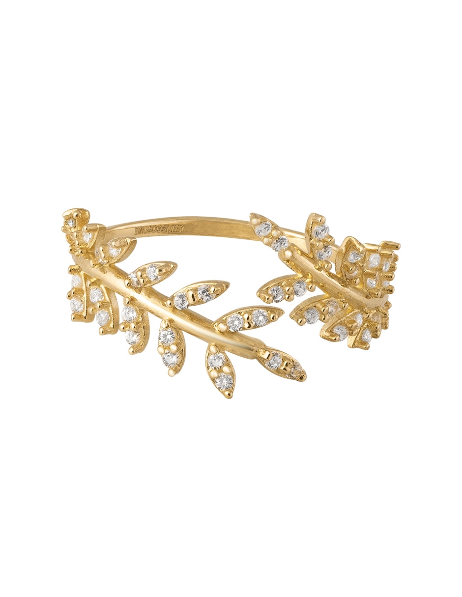 Anillo de hoja 10 k de oro amarillo zirconia pulido