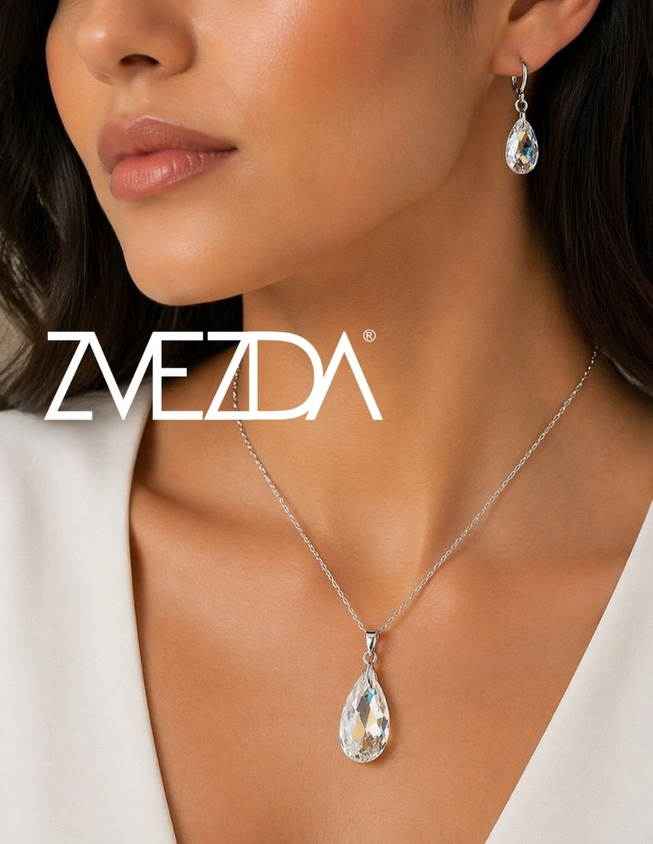 Aretes y collar de gota Zvezda Éclair de plata cristal