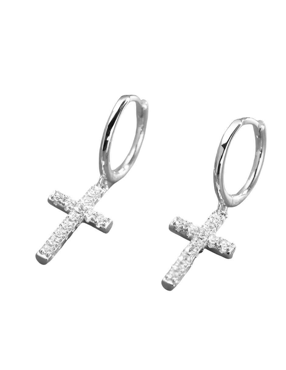 Aretes largos cruz de plata p 925 con acabado brillante circonita 2