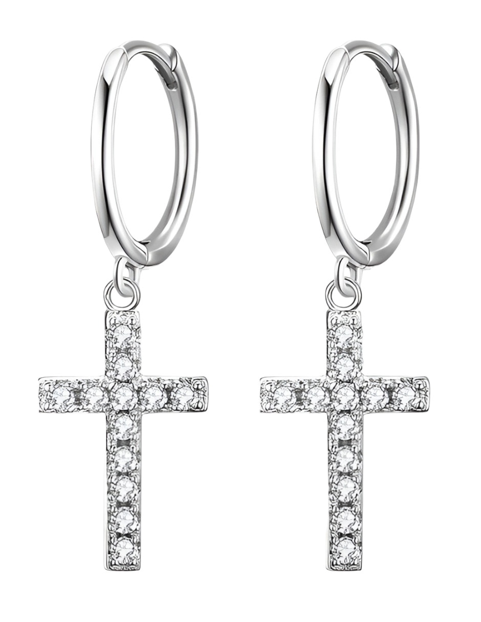 Aretes largos cruz de plata p 925 con acabado brillante circonita