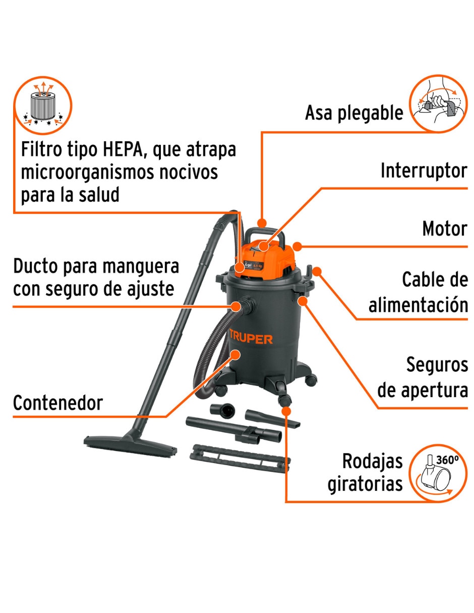 Aspiradora Truper linea hepa de solidos y liquidos 6 galones
