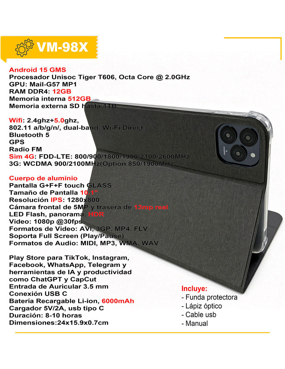 Tablet vm-98x 10.1 pulgadas 512 GB de almacenamiento de 12 GB ram 3