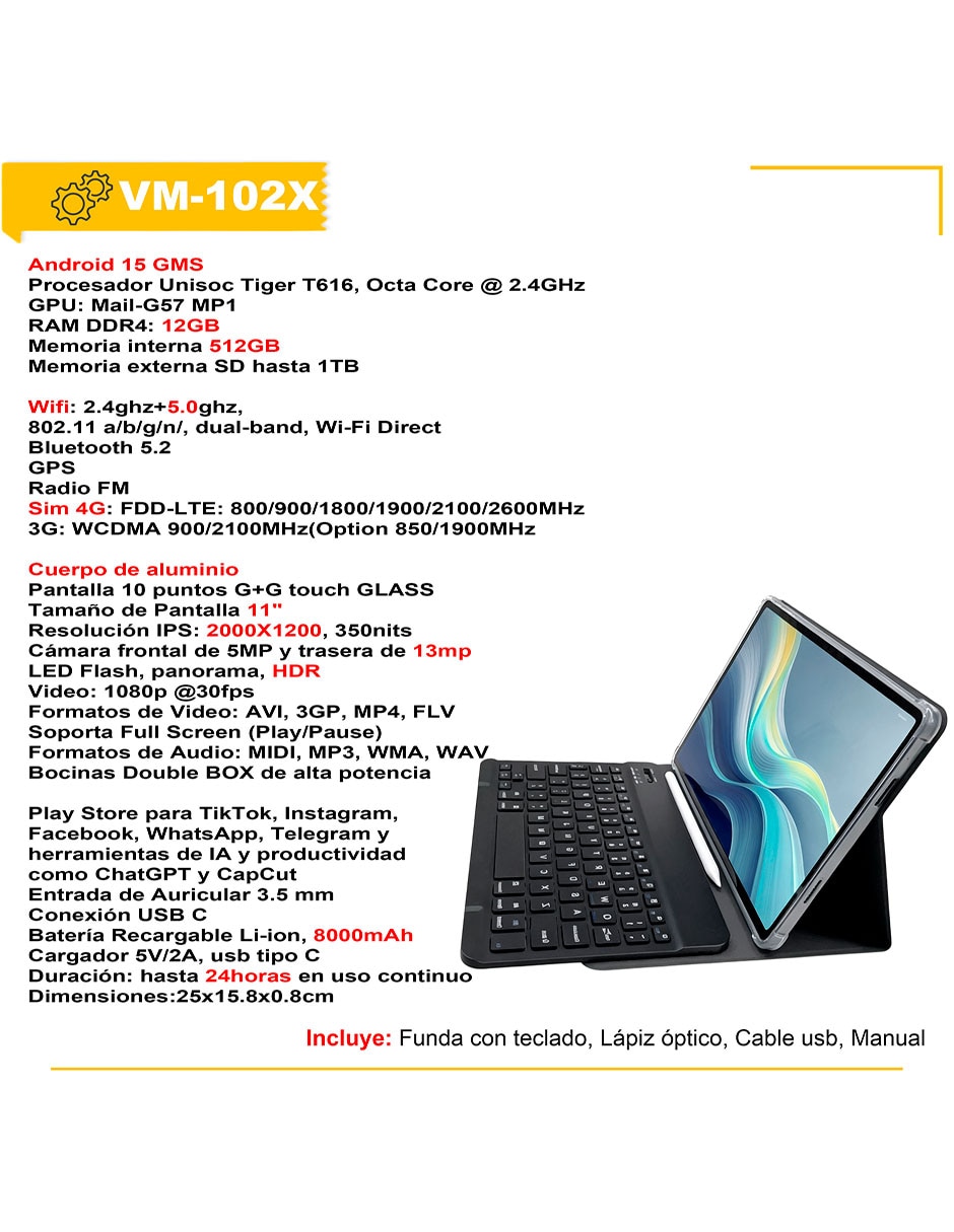 Tablet vak vm-102x 11 pulgadas 512 GB de almacenamiento de 12 GB ram
