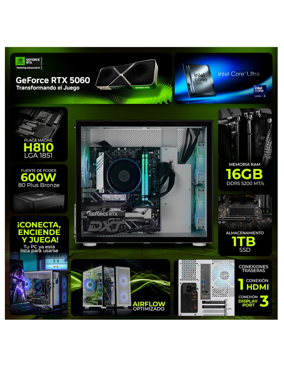 Computadora gamer dxt gaming dxtu516gb55060mt7 23.8 pulgadas Full HD Intel core ultra 5 nvidia geforce rtx 5060 16 GB RAM 1 TB SSD