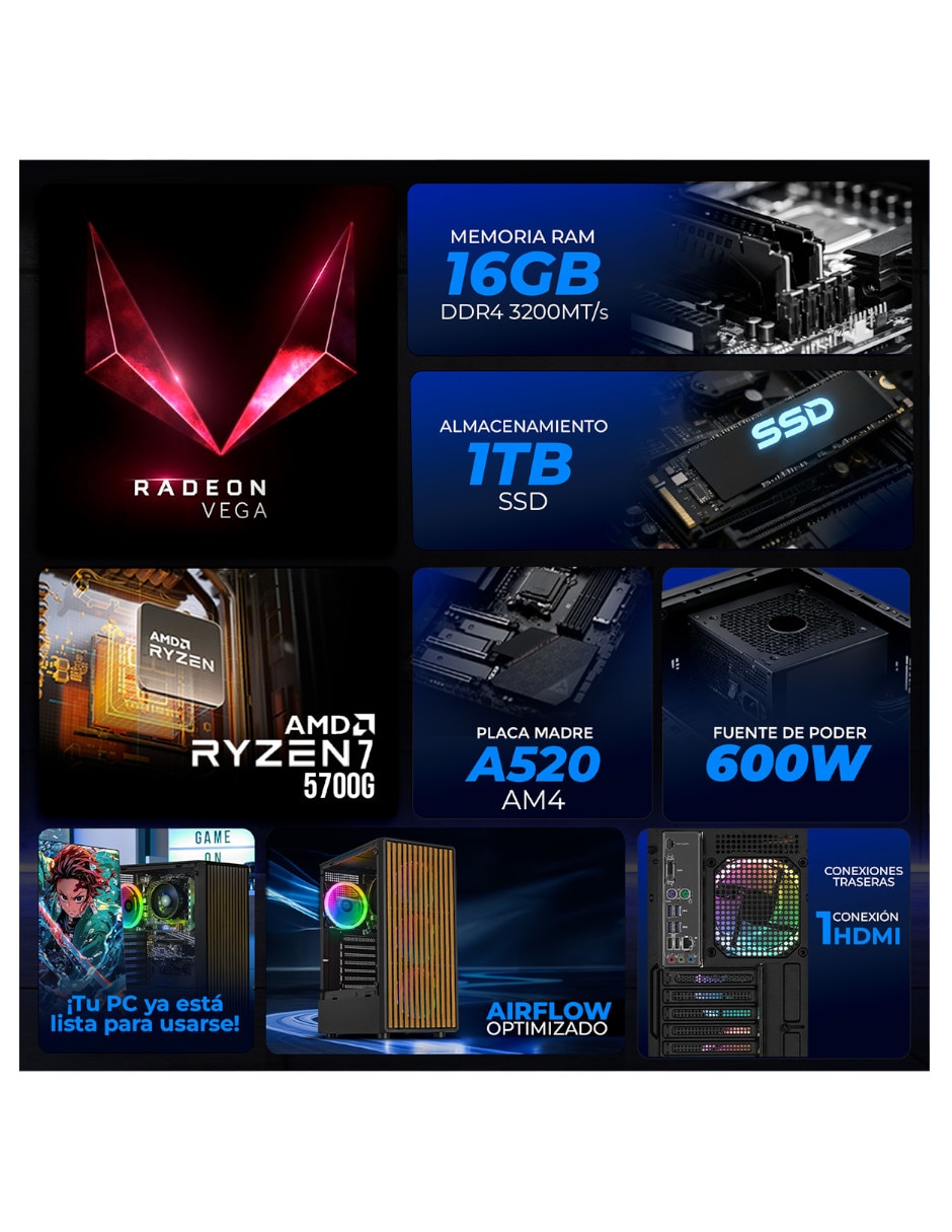 Computadora gamer xtbrr716gbrenoirdb amd ryzen 7 amd radeon graphics 16 GB RAM 1 TB SSD 9