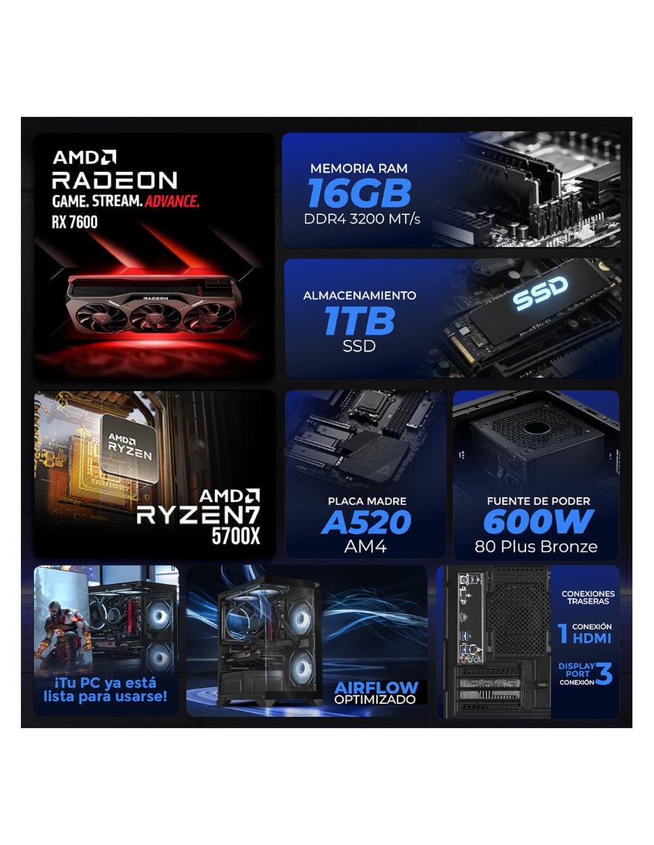 Computadora gamer xtreme pc gaming xtbrr732gb7600pb amd ryzen 7 amd radeon rx 7600 16 GB RAM 1 TB SSD