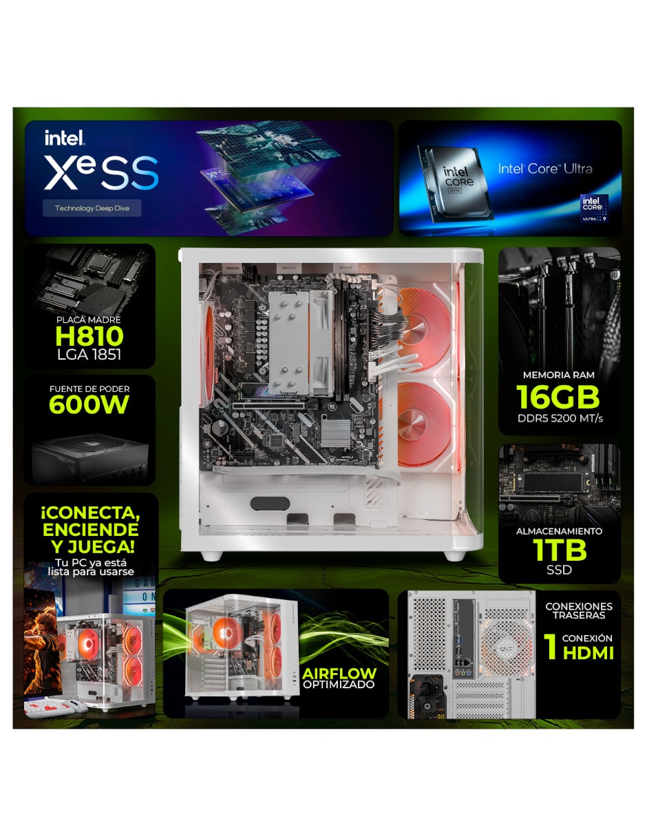 Computadora gamer dxt gaming dxtu916gb5xemtpw 27 pulgadas Full HD Intel core ultra 9 integradas 16 GB RAM 1 TB SSD