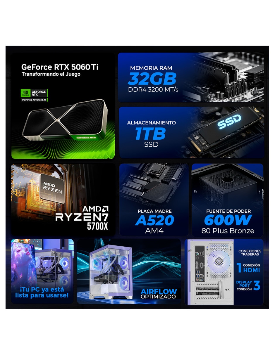 Computadora gamer xtpcr732gb5060tichl amd ryzen 7 nvidia geforce rtx 5060 ti 32 GB RAM 1 TB SSD 9