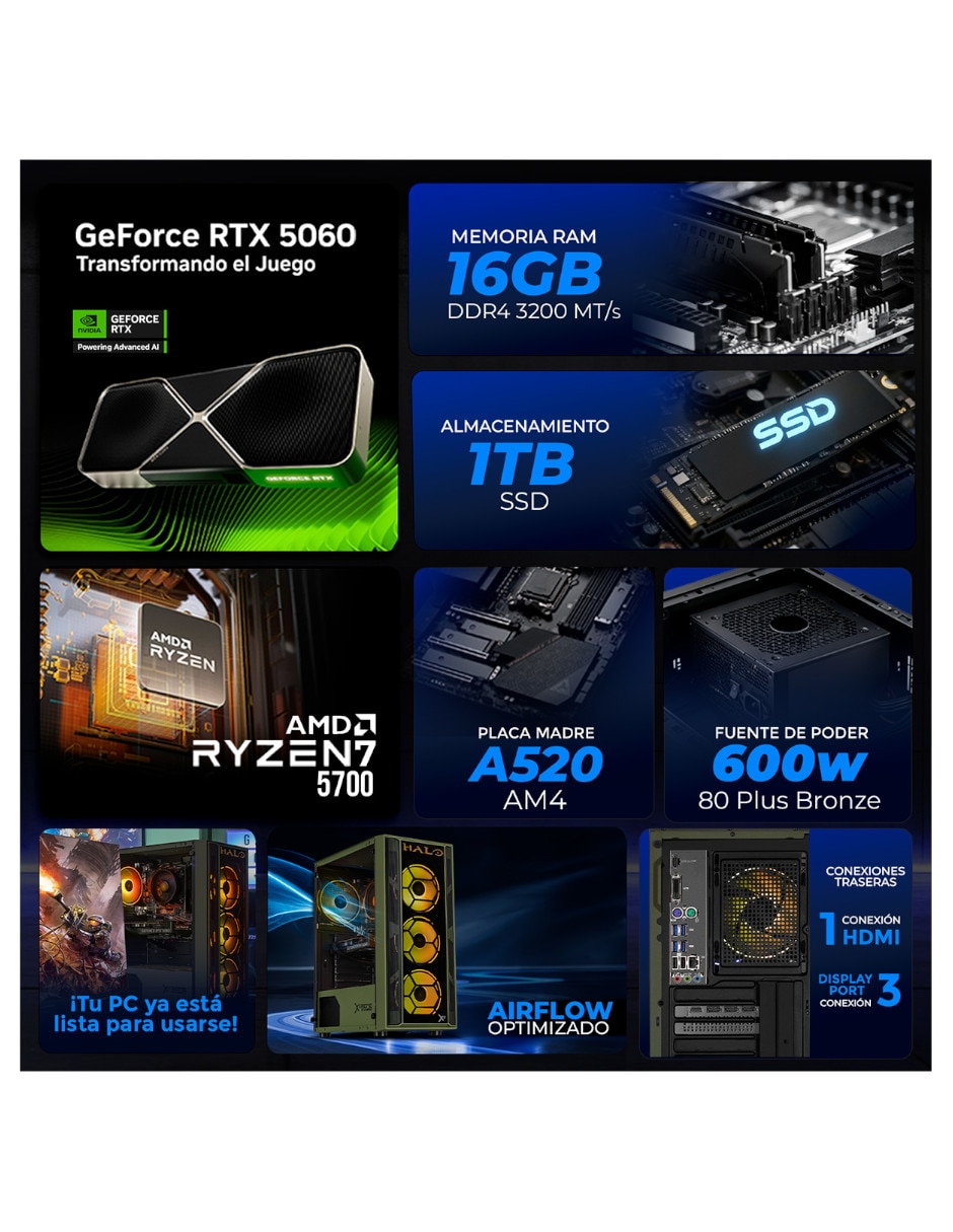 Computadora gamer xtpcr716gb5060he amd ryzen 7 nvidia geforce rtx 5060 16 GB RAM 1 TB SSD 7